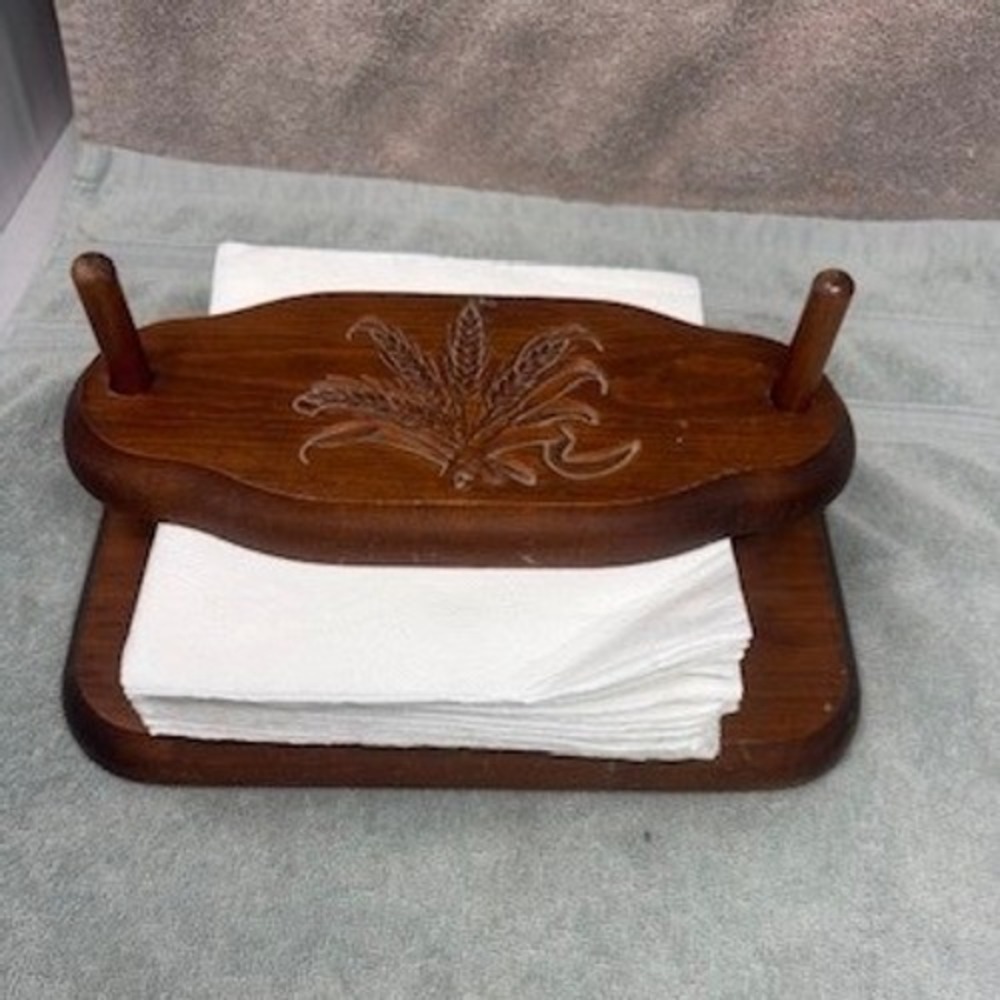 Vintage Wood Napkin Holder Carved Wheat Motif Rustic Farmhouse Brown Tabletop